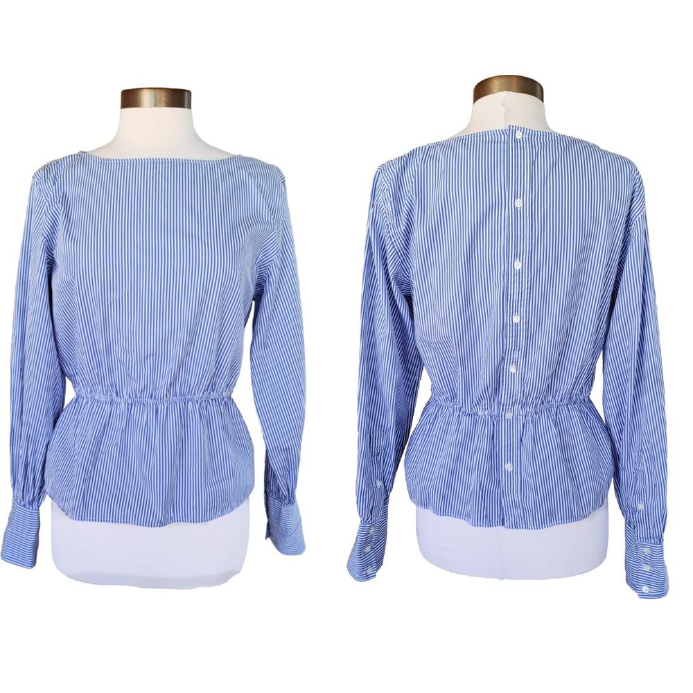 Ralph Lauren POLO Blue Striped Peplum Blouse Button Up White Small Dress Shirt